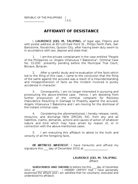 Affidavit of Desistance .